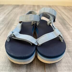 TEVA Flatform Sandals Size 7 Blue Strap Velcro Mulitcolor Platform Heel Comfort